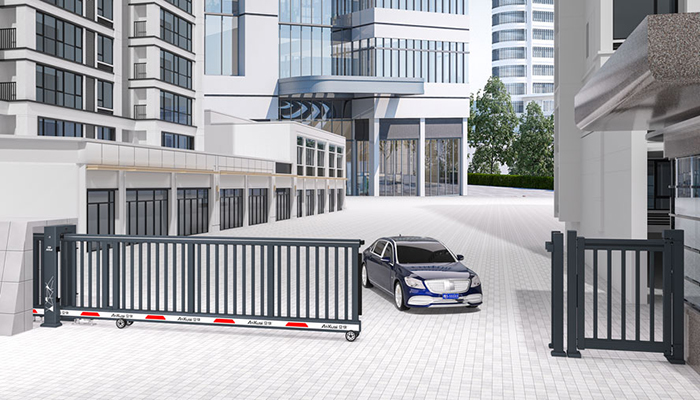 某辦公大廈采用 “安快” 柵欄款平移工業門效果圖